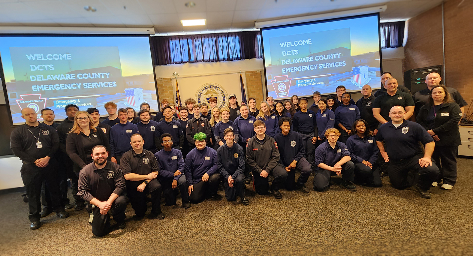 Students and Delaware County Emergency Services members pose for picture