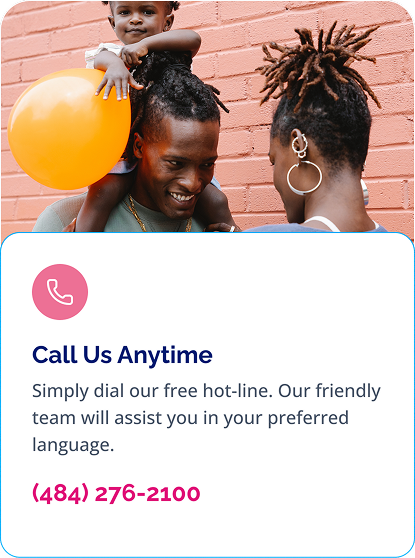 Family spending time together with information for calling the Delco Family Connection support hotline at 484-276-2100 for assistance in a preferred language.;